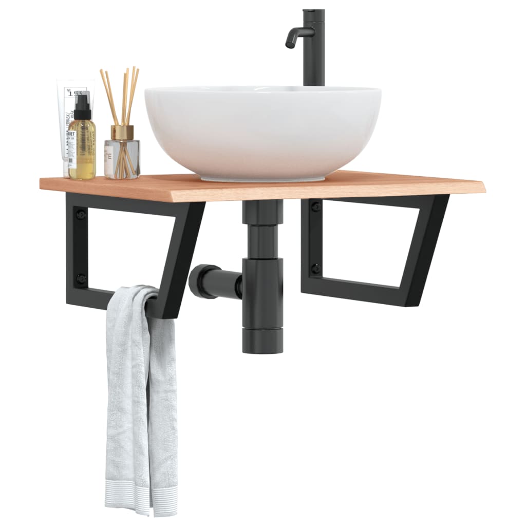 Basin Shelf Wall Mounted Steel and Solid Wood Oak Trapezium Depth 50 cm Width 60 cm Light brown and black