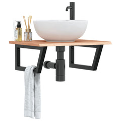 Basin Shelf Wall Mounted Steel and Solid Wood Oak Trapezium Depth 50 cm Width 60 cm Light brown and black