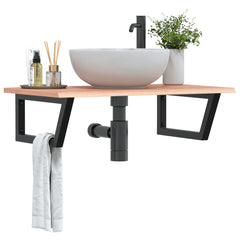 Basin Shelf Wall Mounted Steel and Solid Wood Oak Trapezium Depth 50 cm Width 80 cm Light brown and black