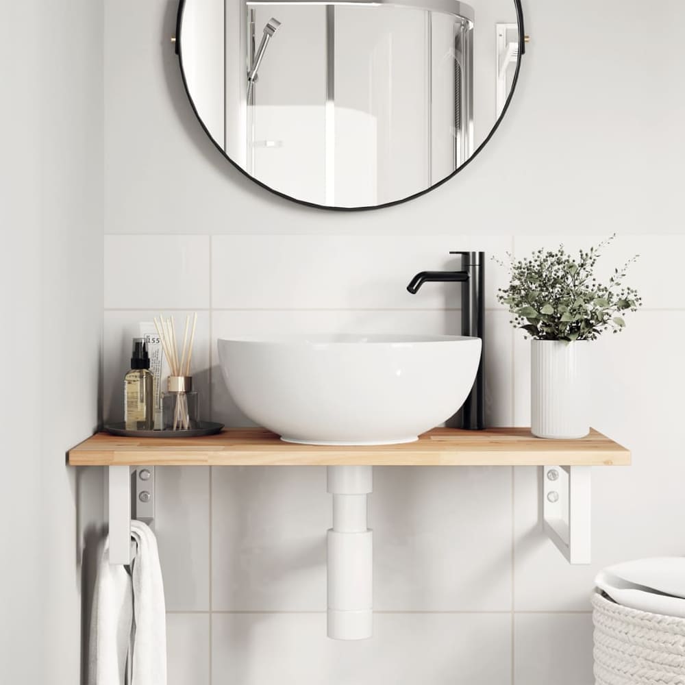 Basin Shelf Wall Mounted Steel and Solid Wood Acacia Rectangular Height 2 cm Brown and White 60 cm