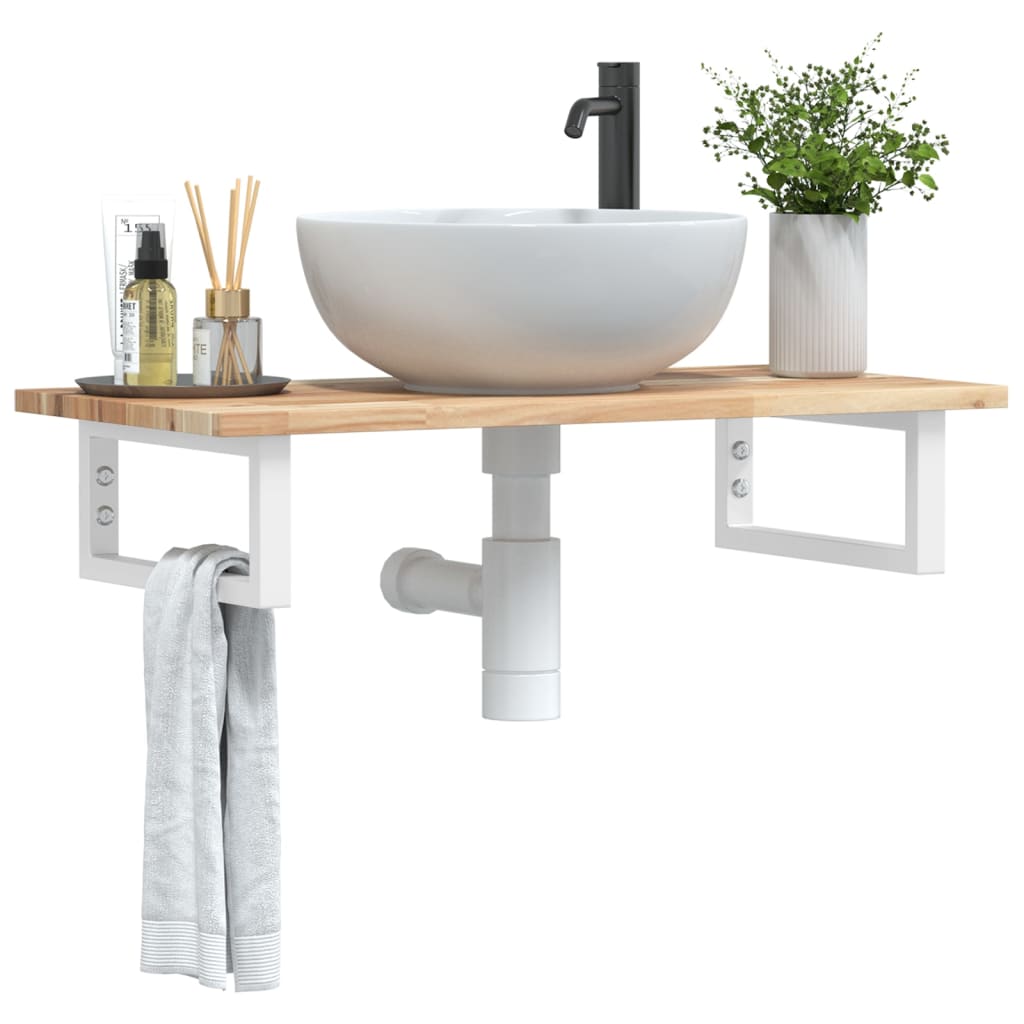 Basin Shelf Wall Mounted Steel and Solid Wood Acacia Rectangular Height 2 cm Brown and White 80 cm