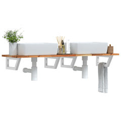 Basin Shelf Wall Mounted Steel and Solid Wood Acacia Trapezium Height 2 cm Dark Brown and White 140 cm