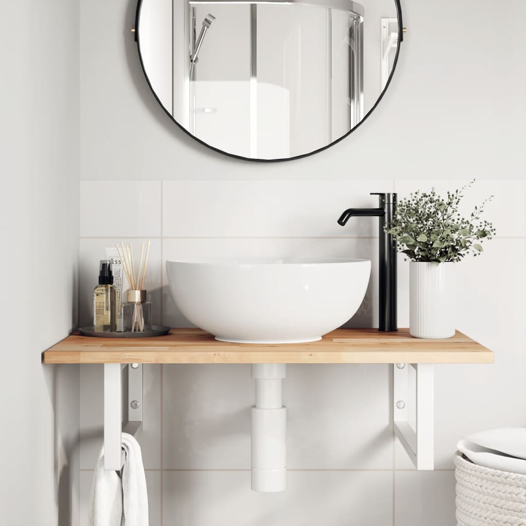 Basin Shelf Wall Mounted Steel and Solid Wood Acacia Rectangular Depth 50 cm Height 2 cm Brown and White 60 cm