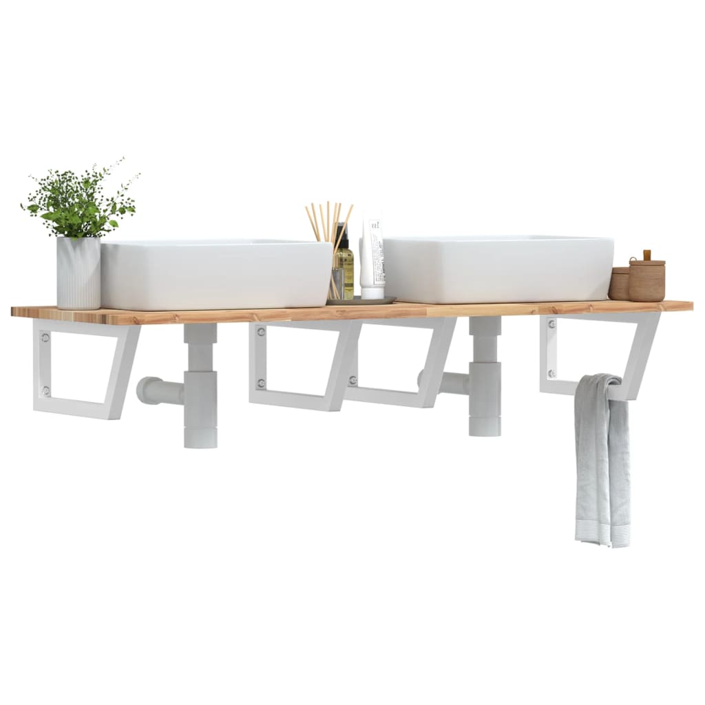 Basin Shelf Wall Mounted Steel and Solid Wood Acacia Trapezium Depth 50 cm Height 2 cm Brown and White 120 cm