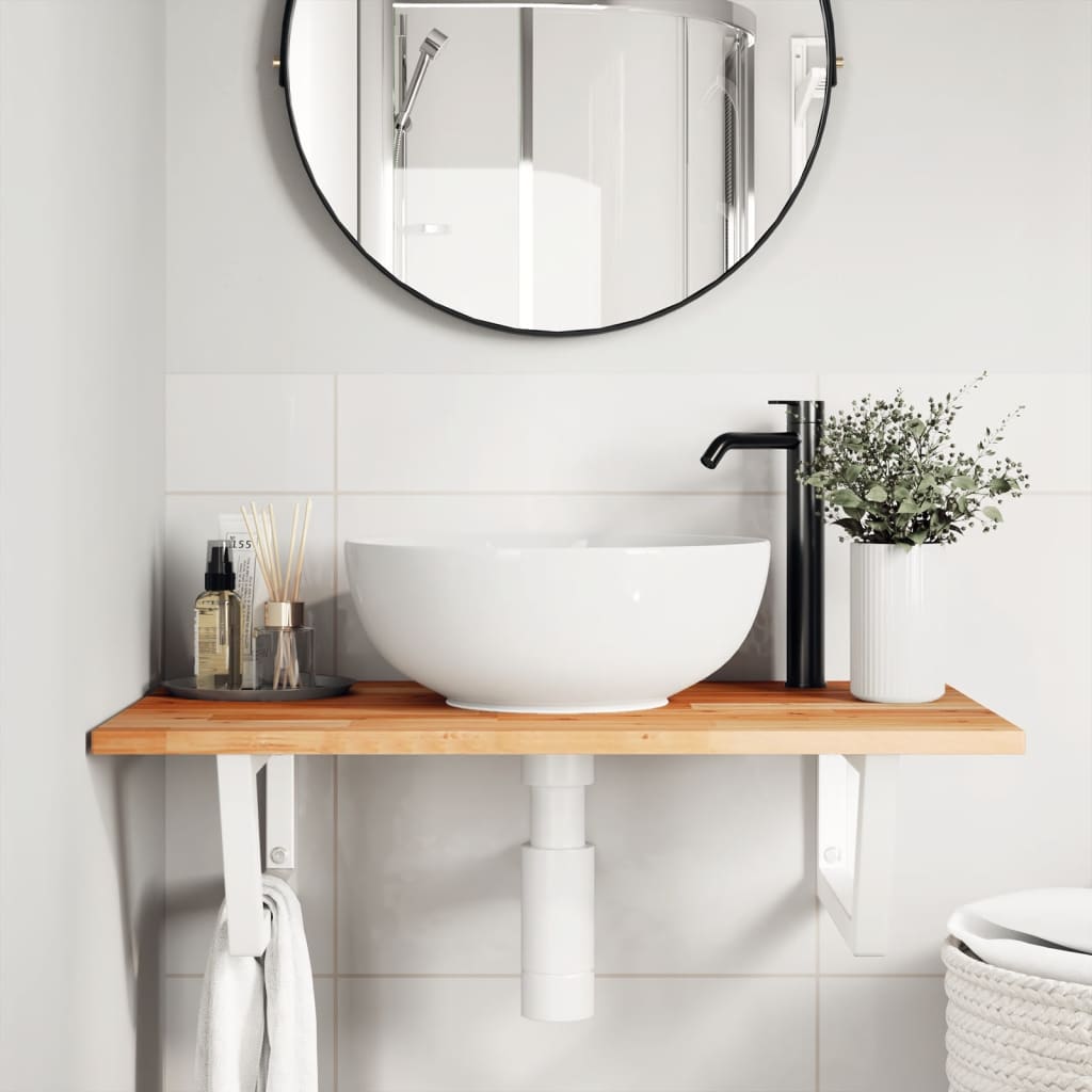 Basin Shelf Wall Mounted Steel and Solid Wood Acacia Trapezium Depth 50 cm Height 2 cm Dark Brown and White 60 cm