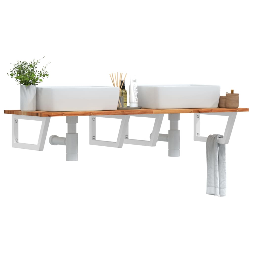 Basin Shelf Wall Mounted Steel and Solid Wood Acacia Trapezium Depth 50 cm Height 2 cm Dark Brown and White 120 cm