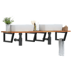 Basin Shelf Wall Mounted Steel Solid Wood Acacia Trapezium Depth Height Dark Brown Black