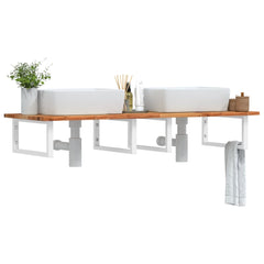 Basin Shelf Wall Mounted Steel and Solid Wood Acacia Rectangular Depth 50 cm Height 2 cm Dark Brown and White 140 cm