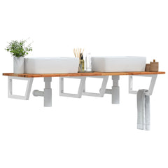 Basin Shelf Wall Mounted Steel Solid Wood Acacia Trapezium Depth Height Dark Brown White