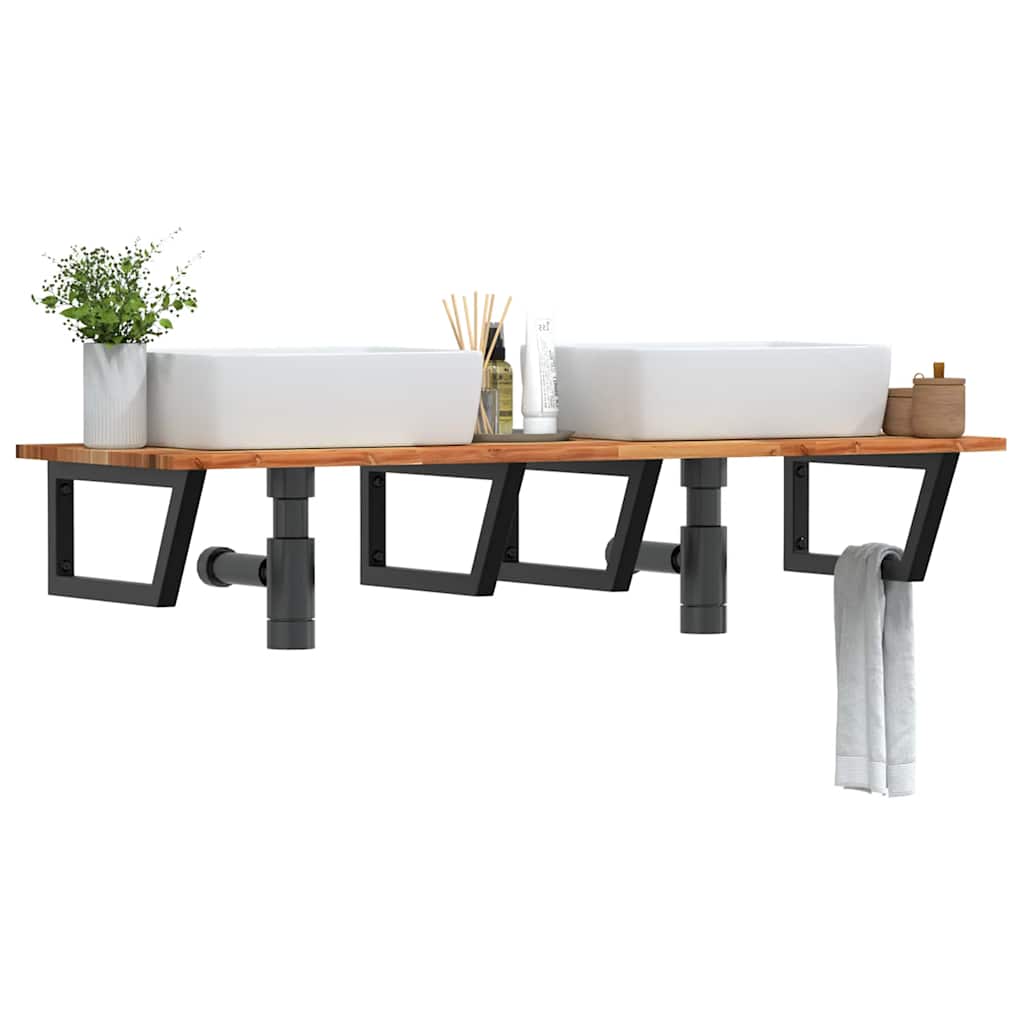 Basin Shelf Wall Mounted Steel and Solid Wood Acacia Trapezium Depth 50 cm Height 2 cm Dark Brown and Black 160 cm