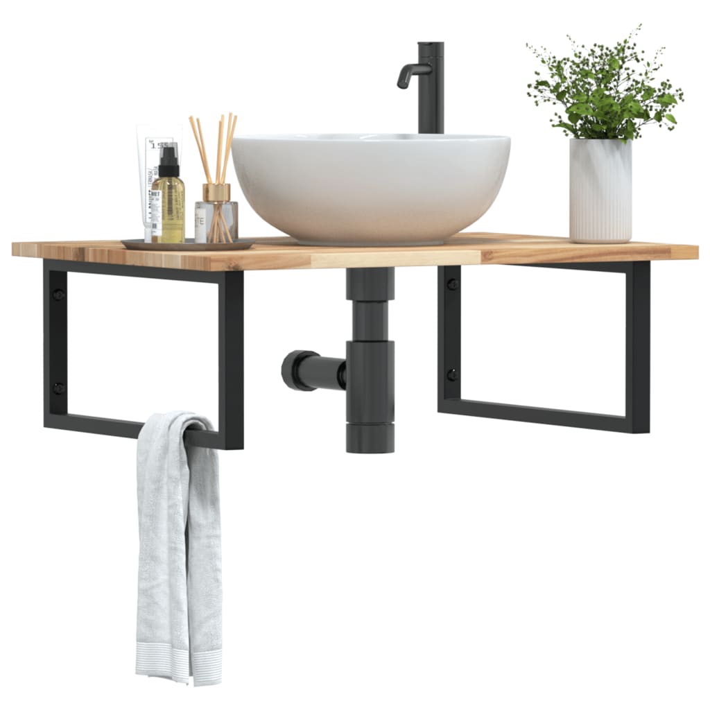 Basin Shelf Wall Mounted Steel and Solid Wood Acacia Rectangular Depth 60 cm Brown and black 80 cm 2 cm