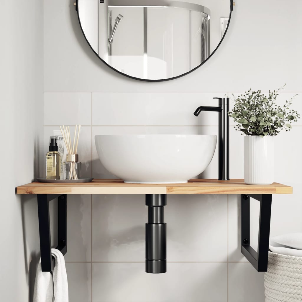 Basin Shelf Wall Mounted Steel and Solid Wood Acacia Trapezium Depth 60 cm Brown and black 80 cm 2 cm