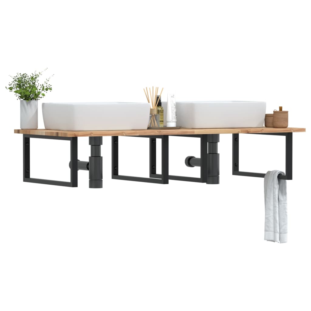 Basin Shelf Wall Mounted Steel and Solid Wood Acacia Rectangular Depth 60 cm Brown and black 120 cm 2 cm