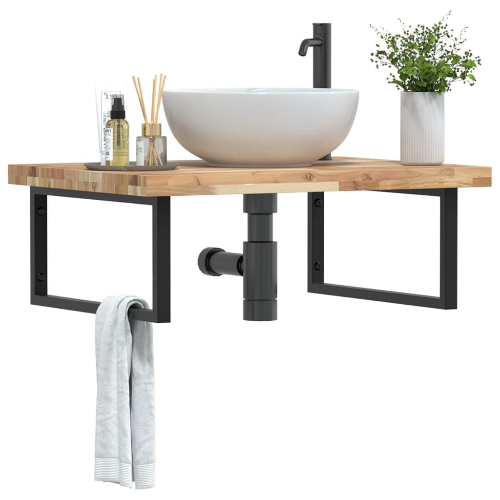 Basin Shelf Wall Mounted Steel and Solid Wood Acacia Rectangular Depth 60 cm Brown and black 80 cm 4 cm