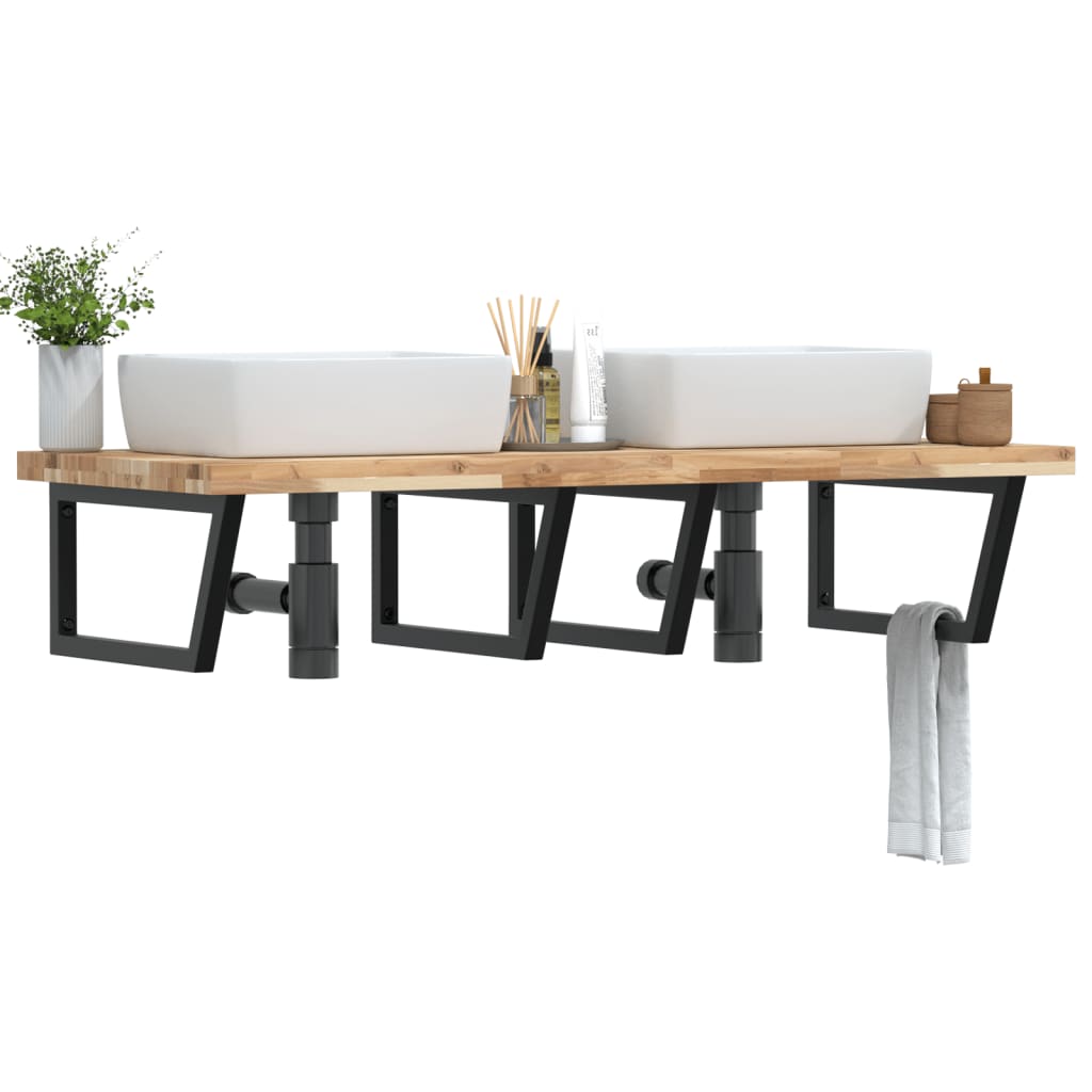 Basin Shelf Wall Mounted Steel and Solid Wood Acacia Trapezium Depth 60 cm Brown and black 120 cm 4 cm