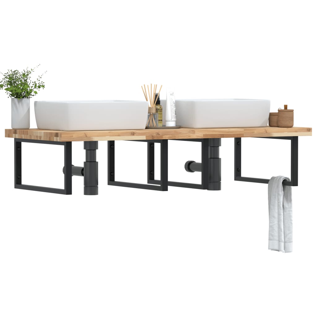 Basin Shelf Wall Mounted Steel and Solid Wood Acacia Rectangular Depth 60 cm Brown and black 140 cm 4 cm