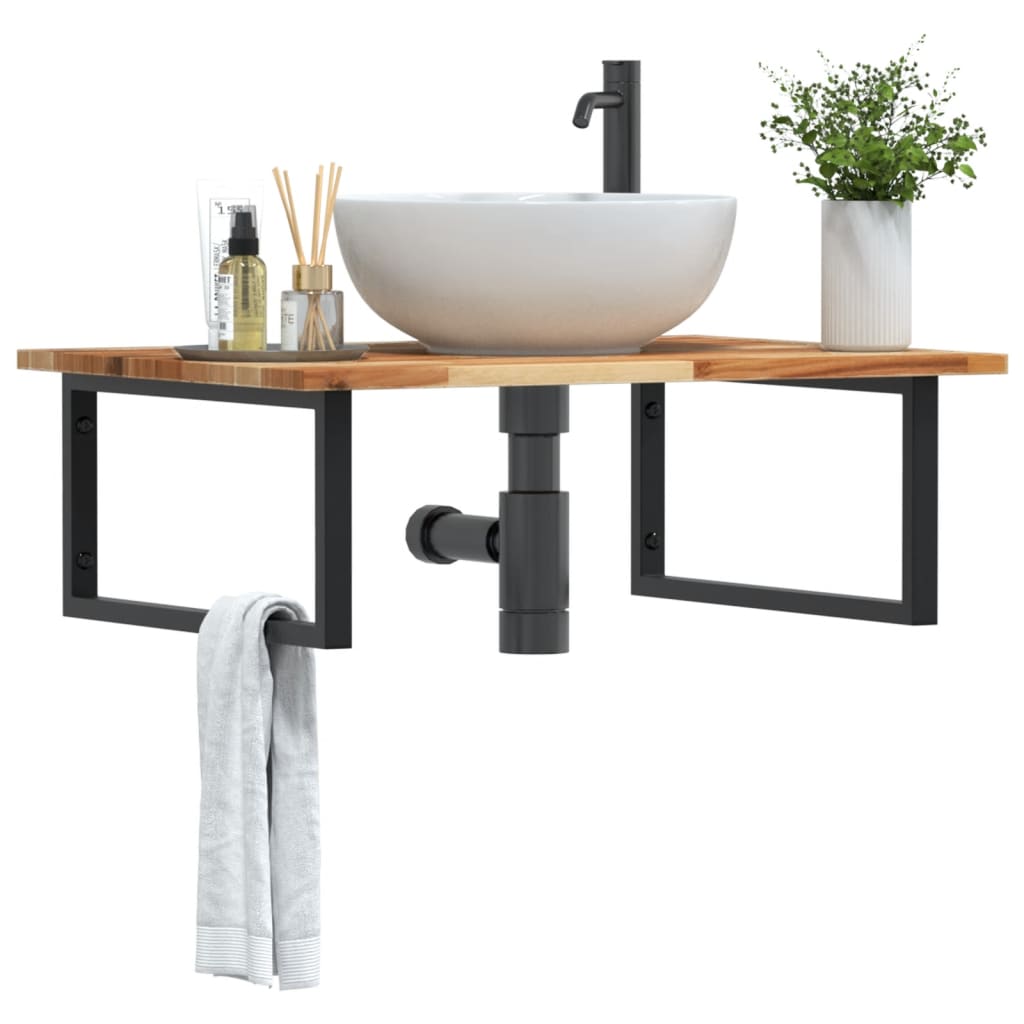 Basin Shelf Wall Mounted Steel and Solid Wood Acacia Rectangular Depth 60 cm Dark brown and black 80 cm 2 cm