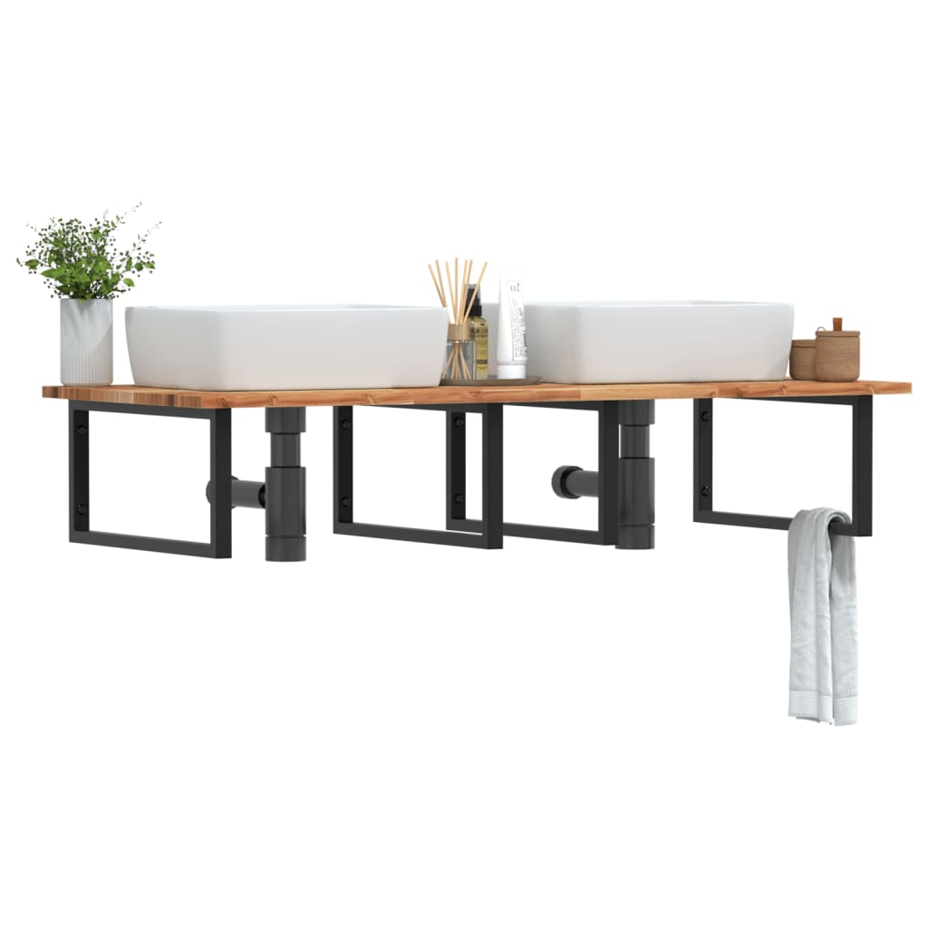 Basin Shelf Wall Mounted Steel and Solid Wood Acacia Rectangular Depth 60 cm Dark brown and black 140 cm 2 cm