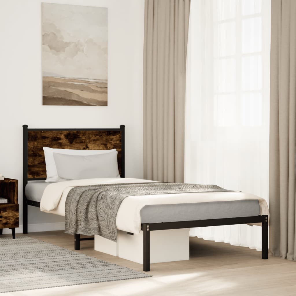 Metal Bed Frame without Mattress Smoked Oak Length 190 cm with Headboard 90 cm