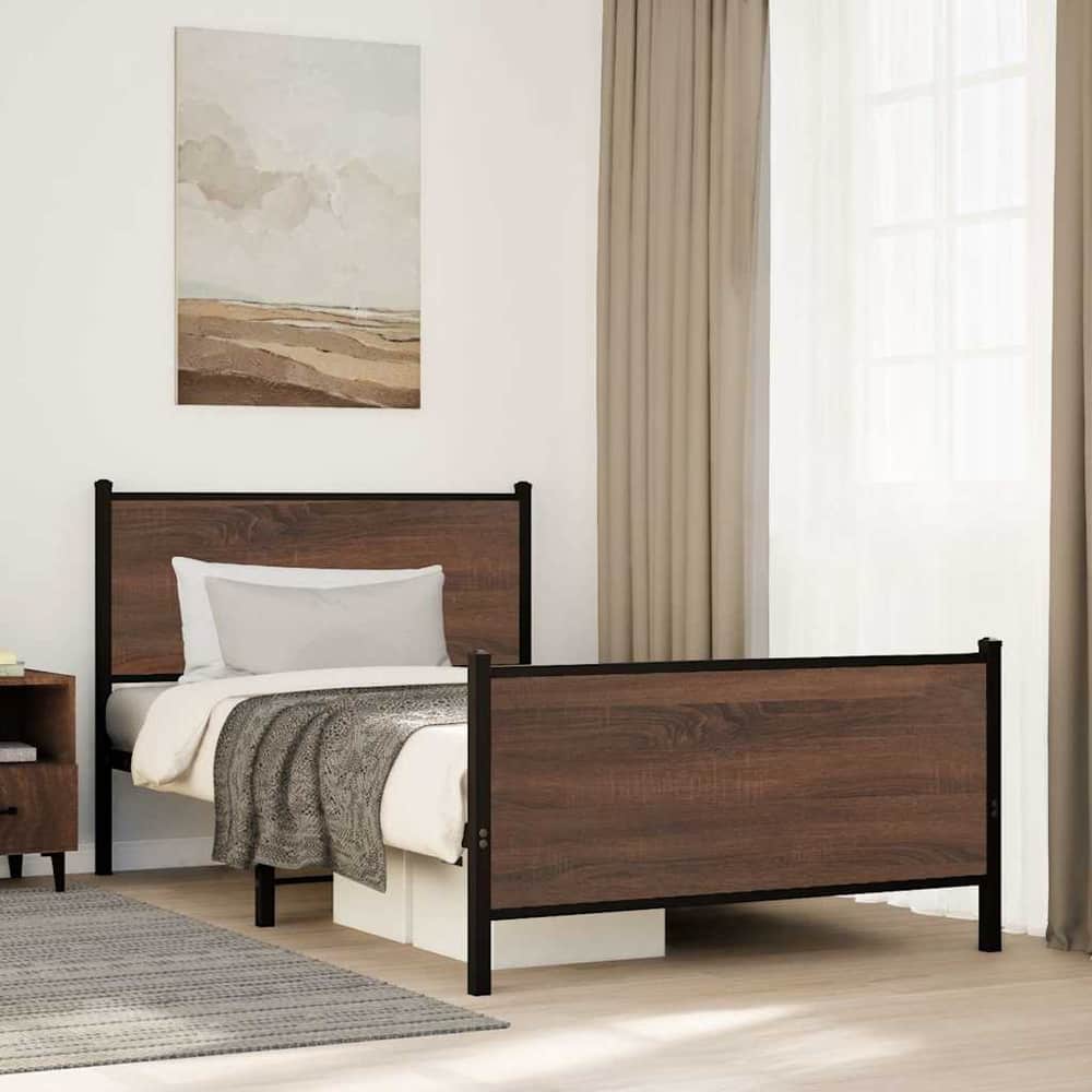 Metal Bed Frame without Mattress Brown Oak Length 200 cm with Headboard & Footboard 100 cm