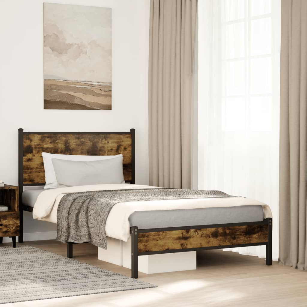 Metal Bed Frame without Mattress Smoked Oak Length 190 cm with Headboard & Low Footboard 100 cm