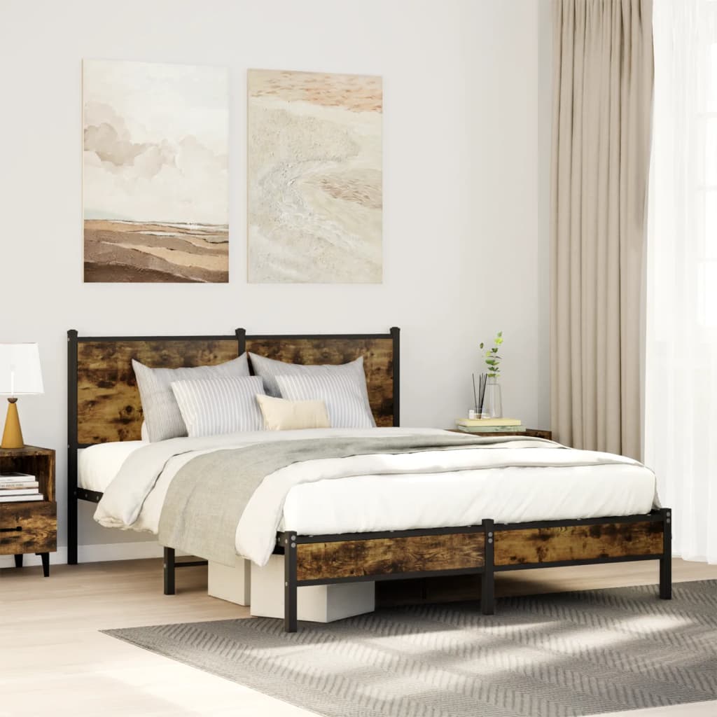 Metal Bed Frame without Mattress Smoked Oak Length 190 cm with Headboard & Low Footboard 140 cm