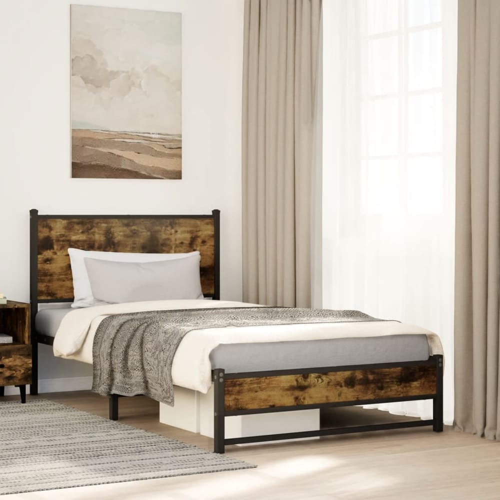 Metal Bed Frame without Mattress Smoked Oak Length 203 cm 107 cm With headboard & dual low footboard