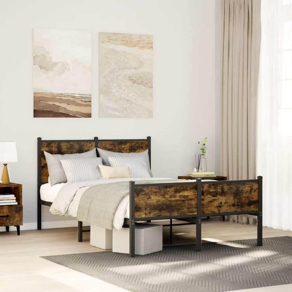 Metal Bed Frame without Mattress Smoked Oak Length 200 cm with Headboard & High Footboard 120 cm