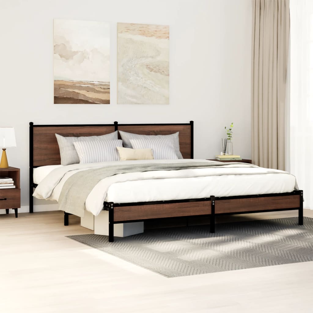 vidaXL Metal Bed Frame without Mattress Brown Oak Length 200 cm with Headboard & Low Footboard