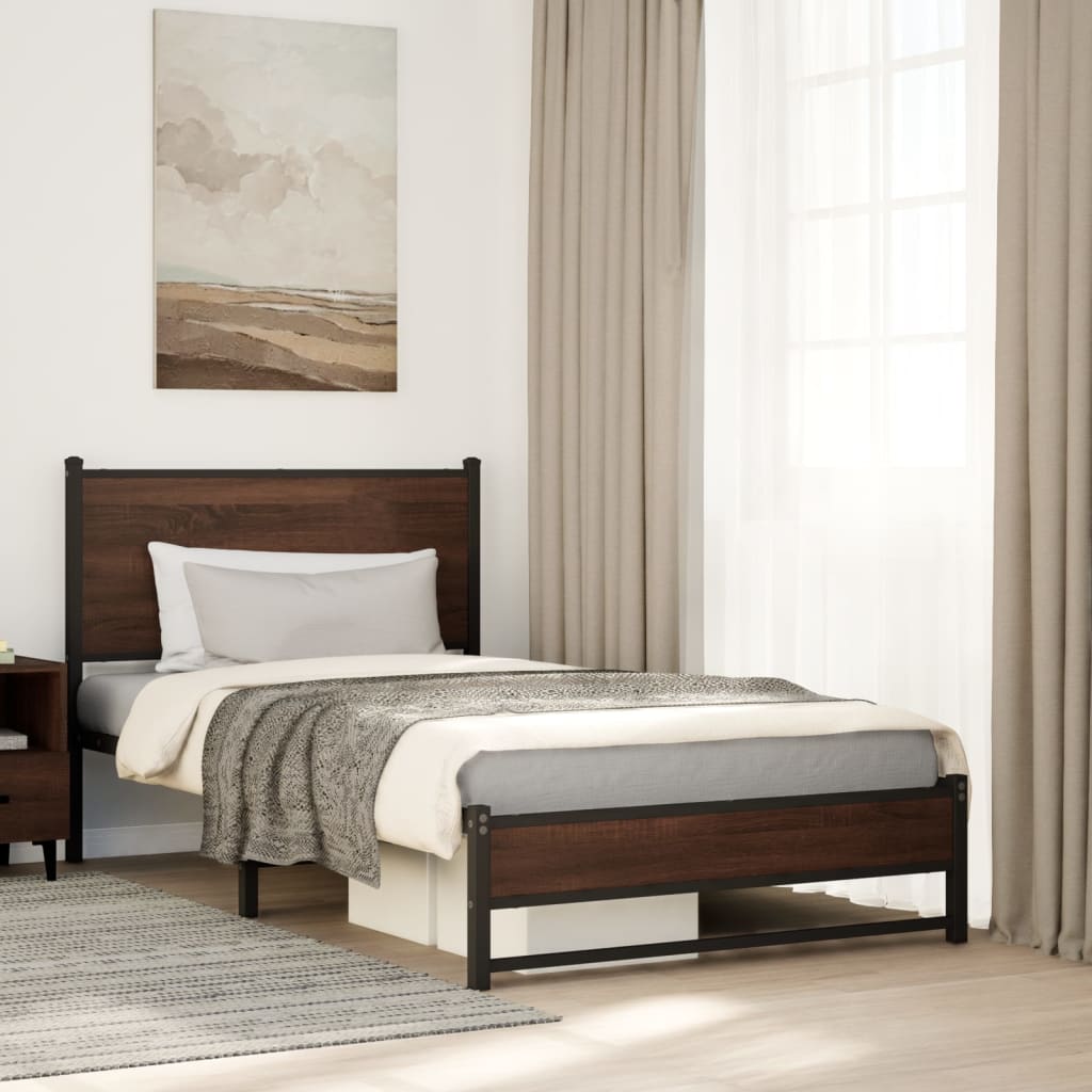Metal Bed Frame without Mattress Brown Oak Length 203 cm 107 cm With headboard & dual low footboard