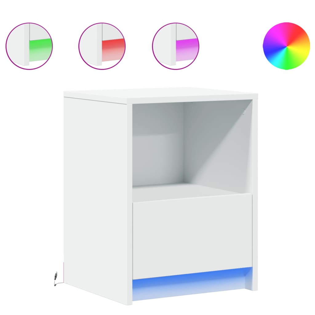 vidaXL Bedside Cabinet with LED Lights White Engineered Wood 2