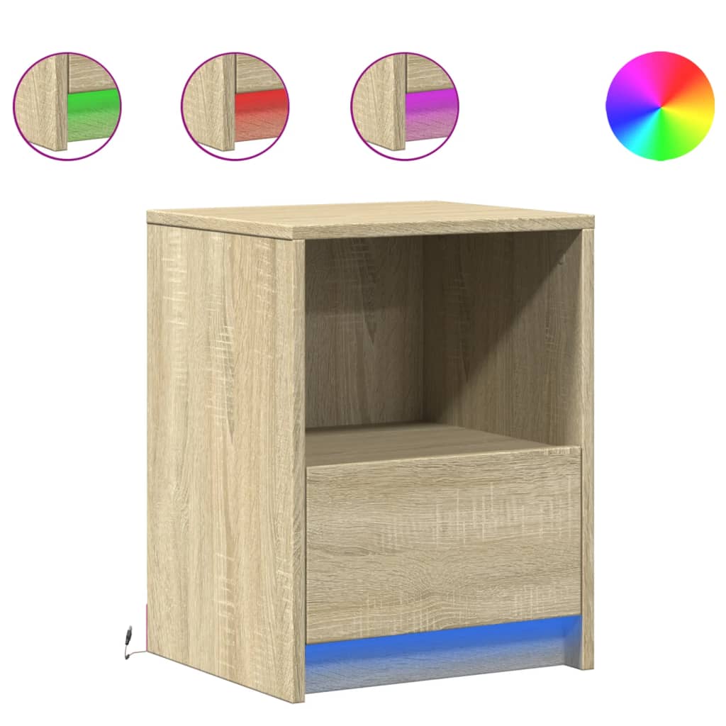 vidaXL Bedside Cabinet with LED Lights Sonoma Oak Engineered Wood 2