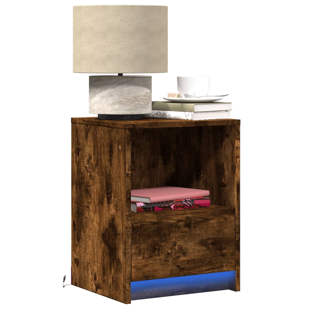 vidaXL Bedside Cabinet with LED Lights Smoked Oak Engineered Wood 1