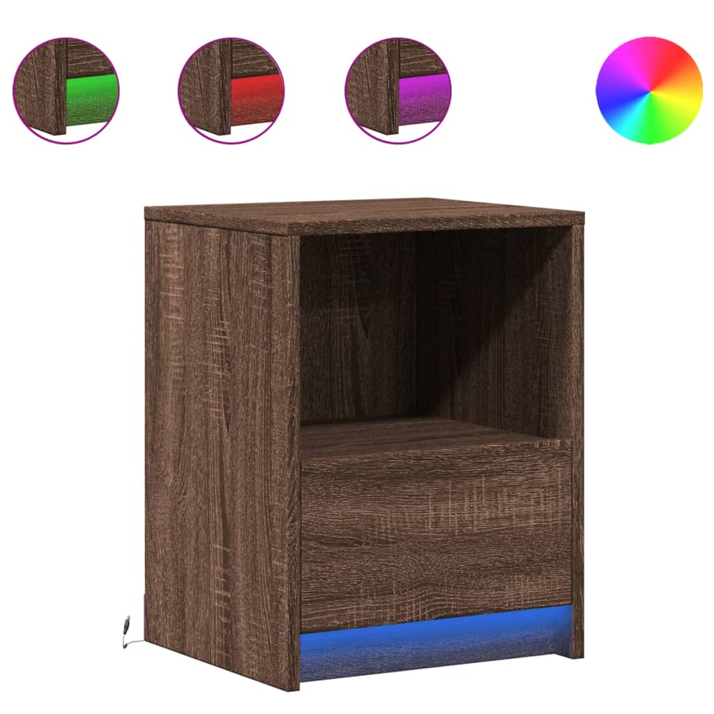 vidaXL Bedside Cabinet with LED Lights Brown Oak Engineered Wood 2