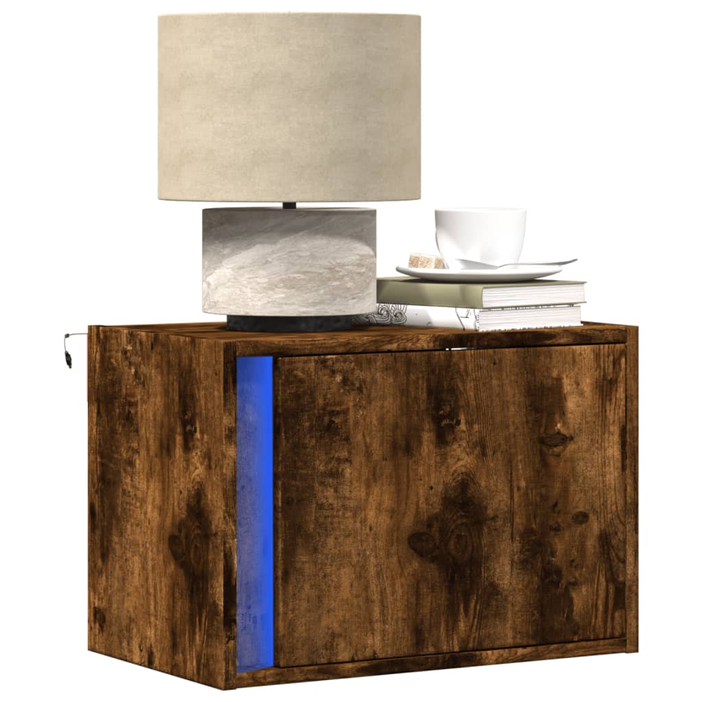 Wall-mounted Bedside Cabinet with LED Lights Smoked oak 2
