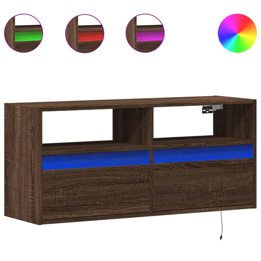 vidaXL TV Wall Cabinet with LED Lights Brown Oak 100x31x45 cm 2