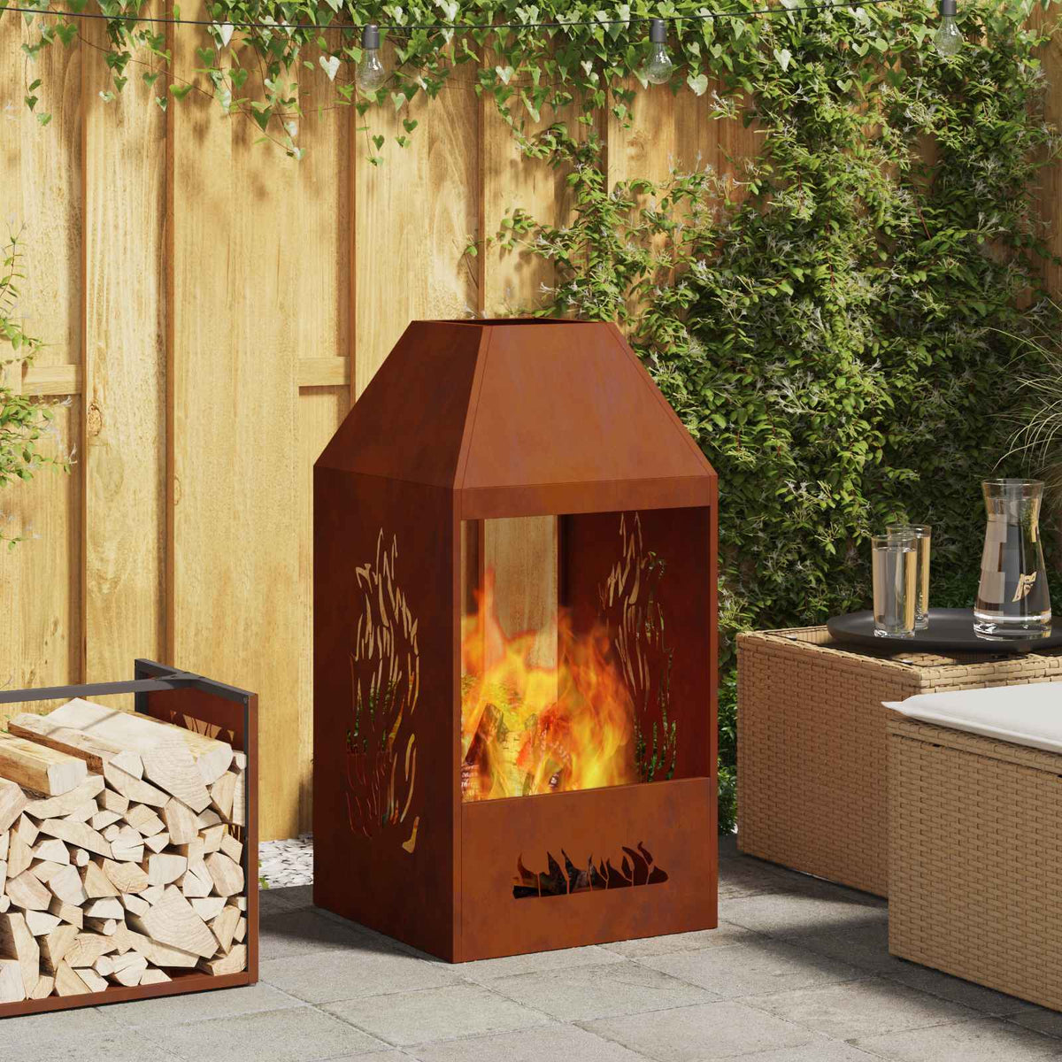Fire Bowl Black 50 x 50 x 100 cm Weathering Steel Weathering steel/brown with side cut-out pattern
