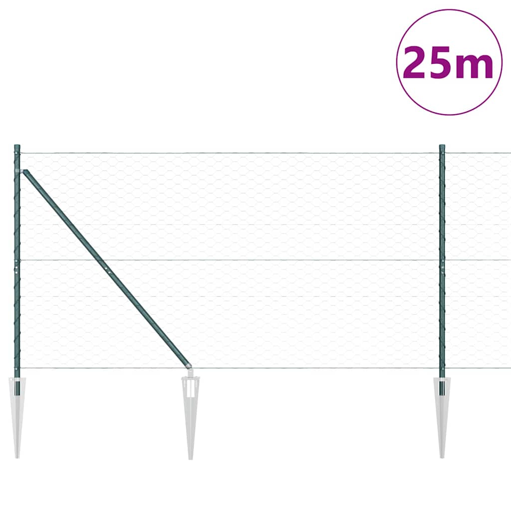 Hexagonal Fence with Post 25 x 0.4 m PVC-Coated Steel mesh Size 50 mm mesh Green 1.2 m