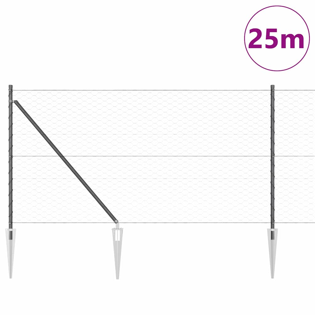 Hexagonal Fence with Post 25 x 1 m PVC-Coated Steel Mesh mesh Size 50 mm mesh Grey 1 m