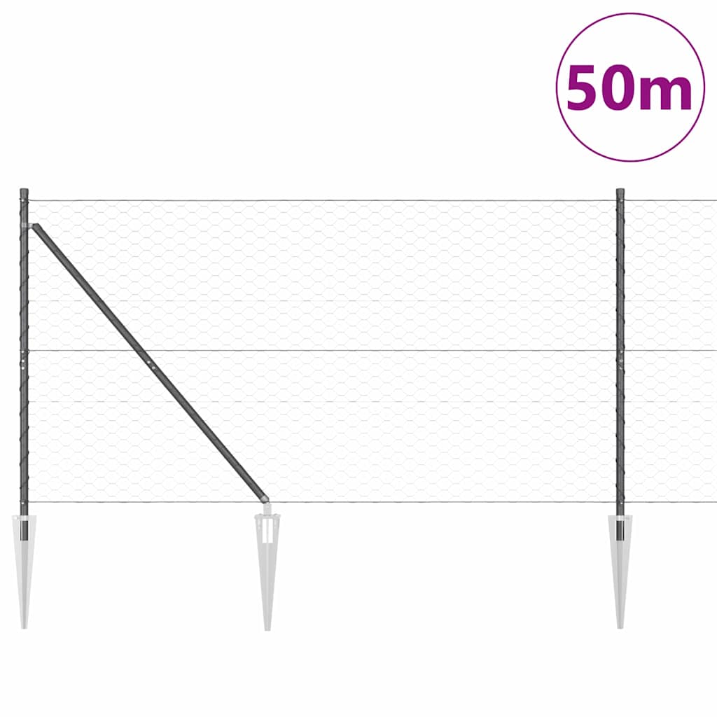 Hexagonal Fence with Post 50 x 1 m PVC-Coated Steel Mesh Grey mesh Size 50 mm mesh 1.4 m