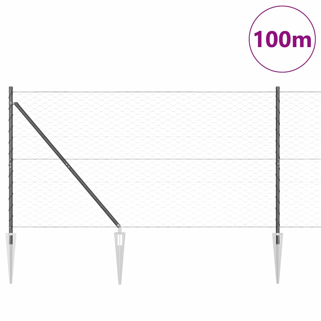 Hexagonal Fence with Post 100 x 0.4 m PVC-Coated Steel Grey mesh Size 50 mm mesh 1.4 m