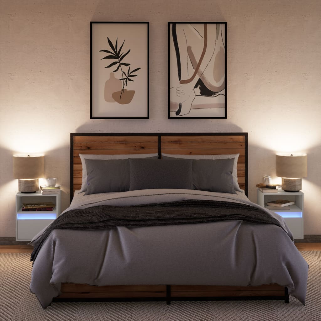 vidaXL Wall-mounted Bedside Cabinets with LED Lights 2 pcs White 4