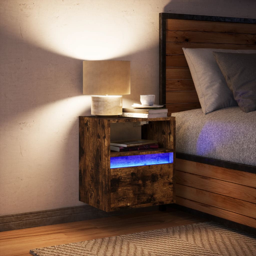 vidaXL Wall-mounted Bedside Cabinet with LED Lights Smoked Oak 4