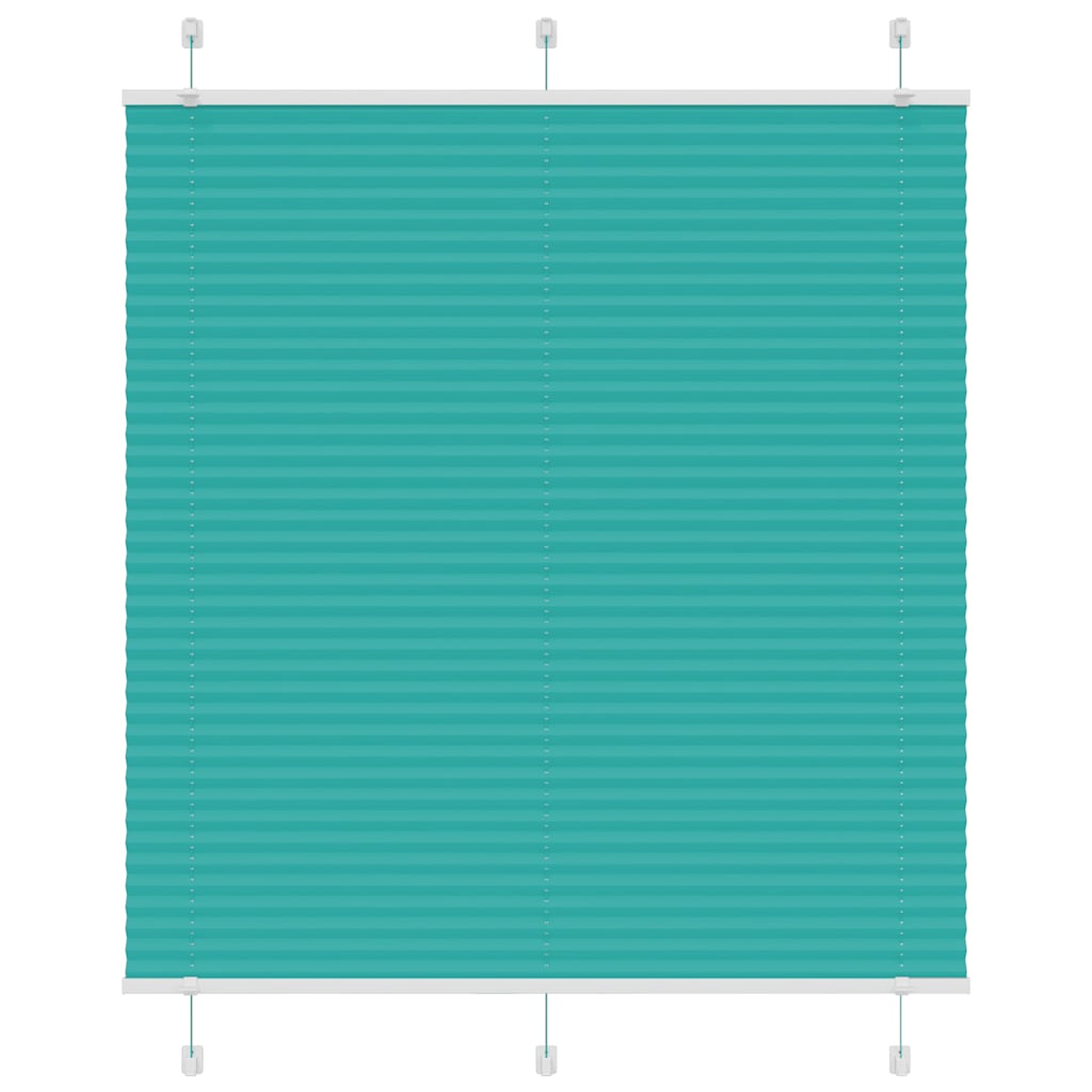 The petrol green pleated blind, fully extended and showing the pleats