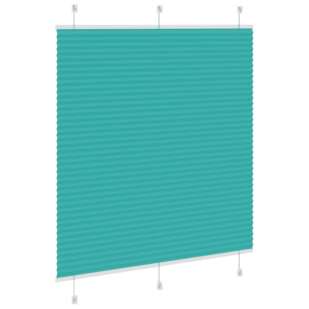 The petrol green pleated blind, showing the pleats and cords
