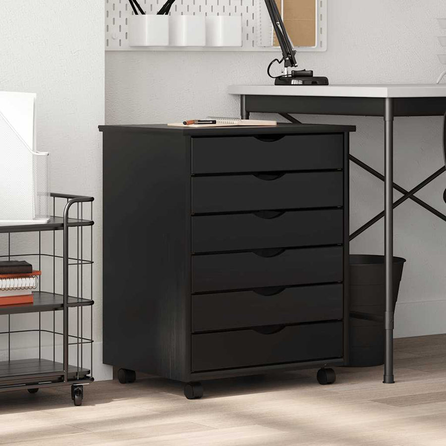 vidaXL Rolling Cabinet with Drawers "MOSS" Black Solid Wood Pine 1