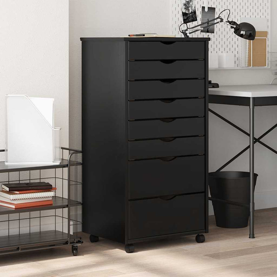 vidaXL Rolling Cabinet with Drawers "MOSS" Black Solid Wood Pine 1