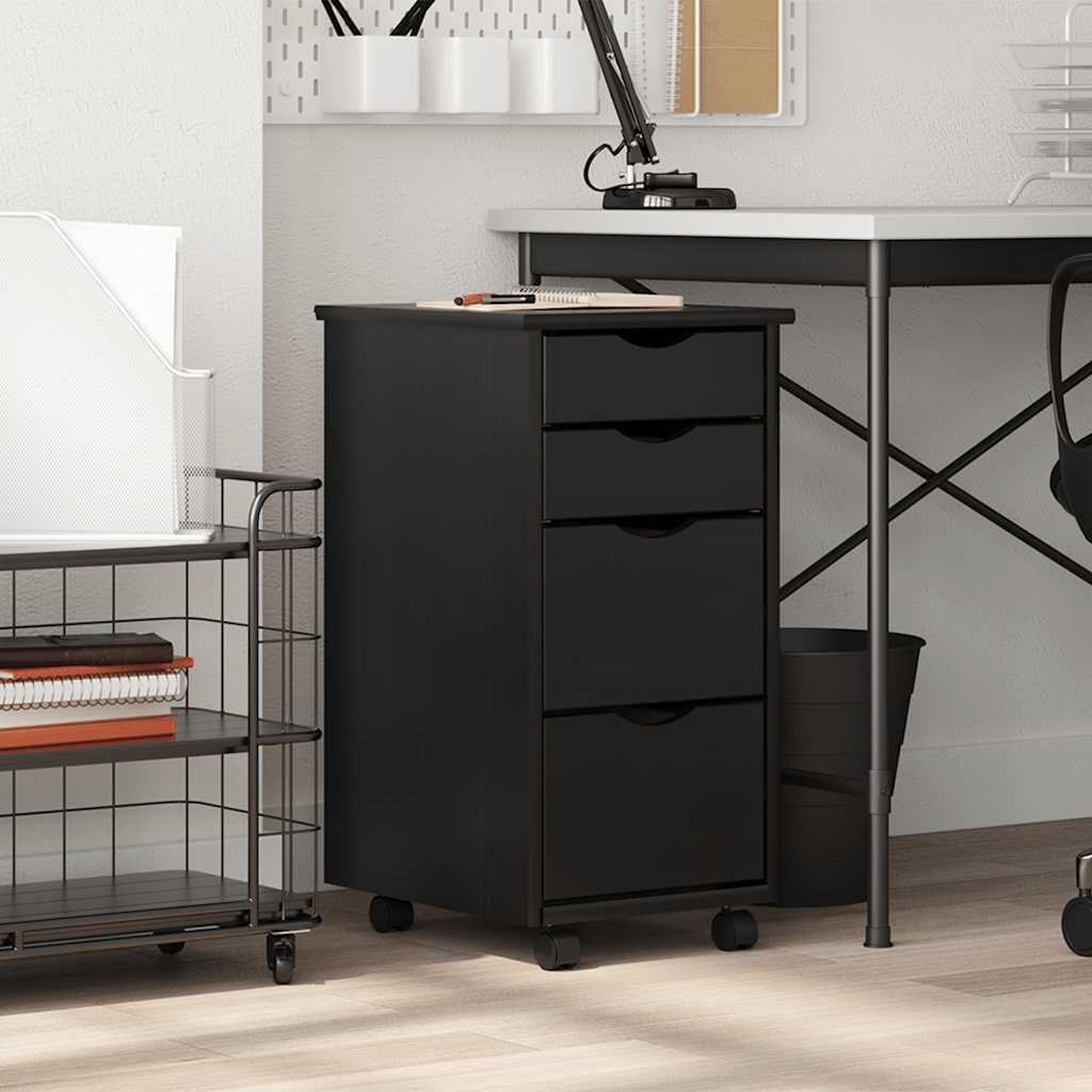 Rolling Cabinet with Drawers "MOSS" Solid Wood Pine in Black