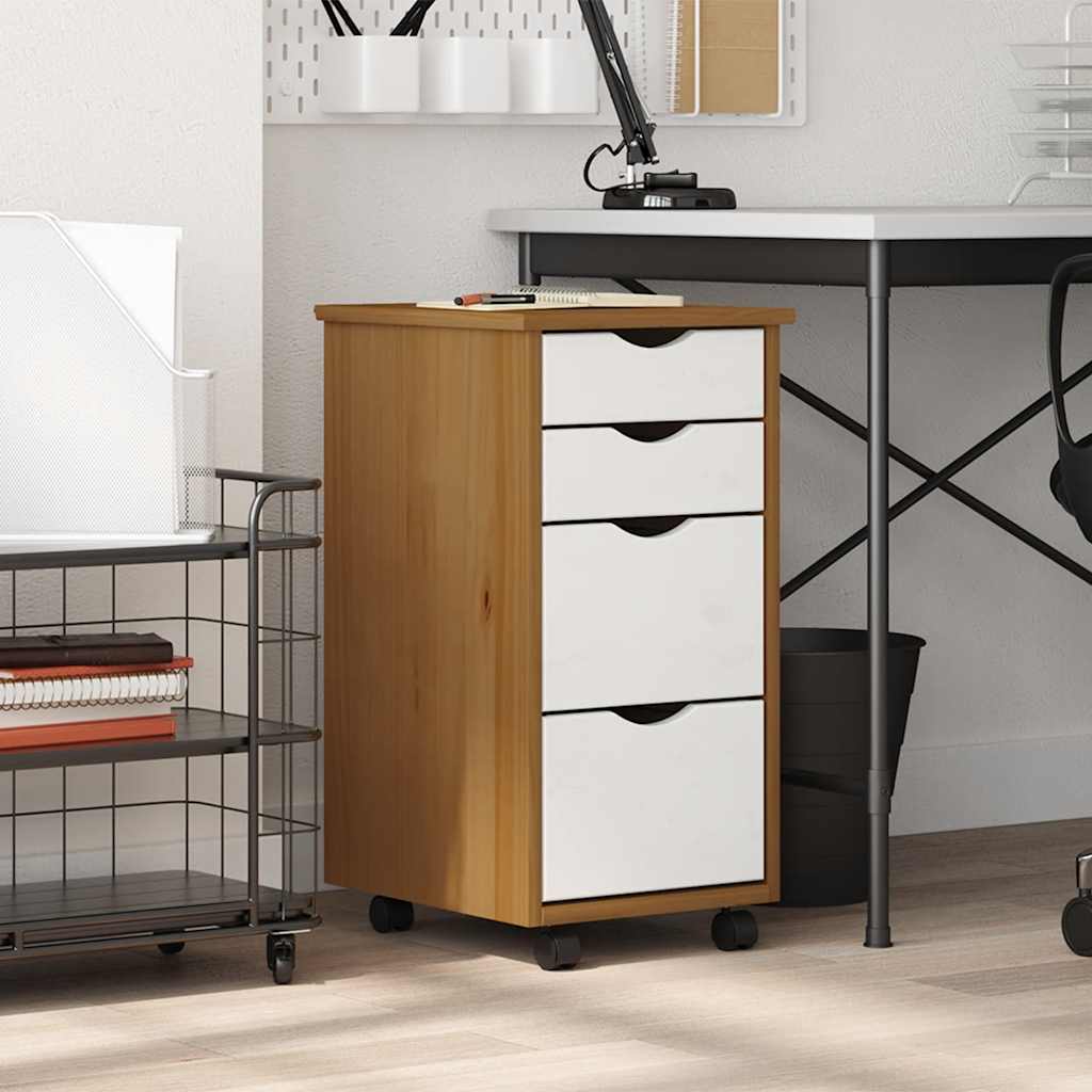 Rolling Cabinet with Drawers "MOSS" Solid Wood Pine Honey brown and white