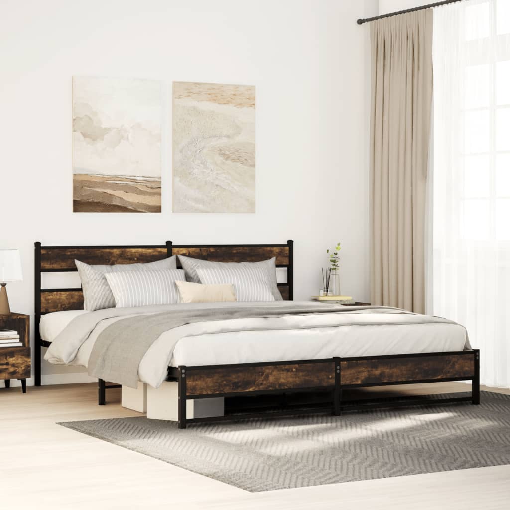 Metal Bed Frame without Mattress 183x213 cm Smoked Oak With headboard & dual low footboard